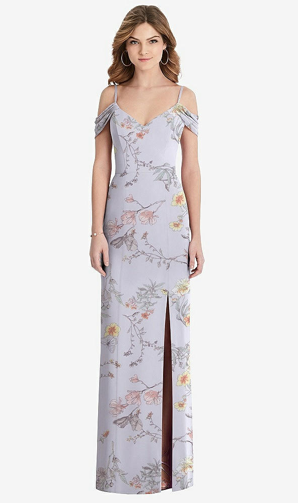 【NEW】【STYLE: 1517】オフショルダー シフォン トランペット ガウン 前面 スリット【COLOR: Butterfly Botanica Silver Dove】【SIZE: 00-30W】