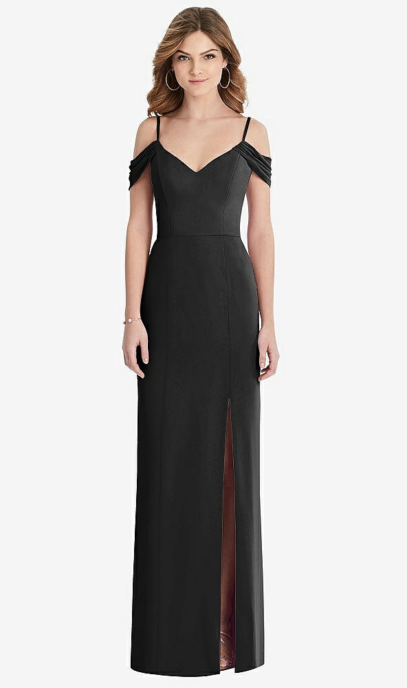 【STYLE: 1517】Off-the-Shoulder Chiffon Trumpet Gown with Front Slit【COLOR: Black】