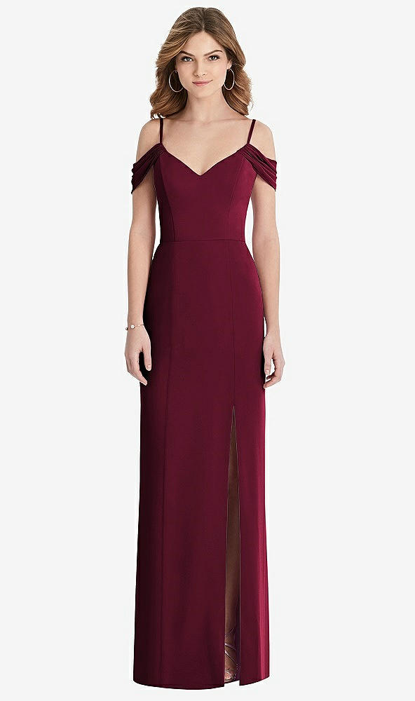 【STYLE: 1517】Off-the-Shoulder Chiffon Trumpet Gown with Front Slit【COLOR: Cabernet】