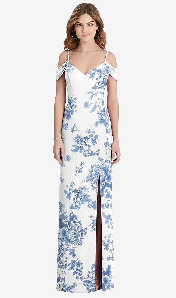 【NEW】【STYLE: 1517】オフショルダー シフォン トランペット ガウン 前面 スリット【COLOR: Cottage Rose Dusk Blue】【SIZE: 00-30W】