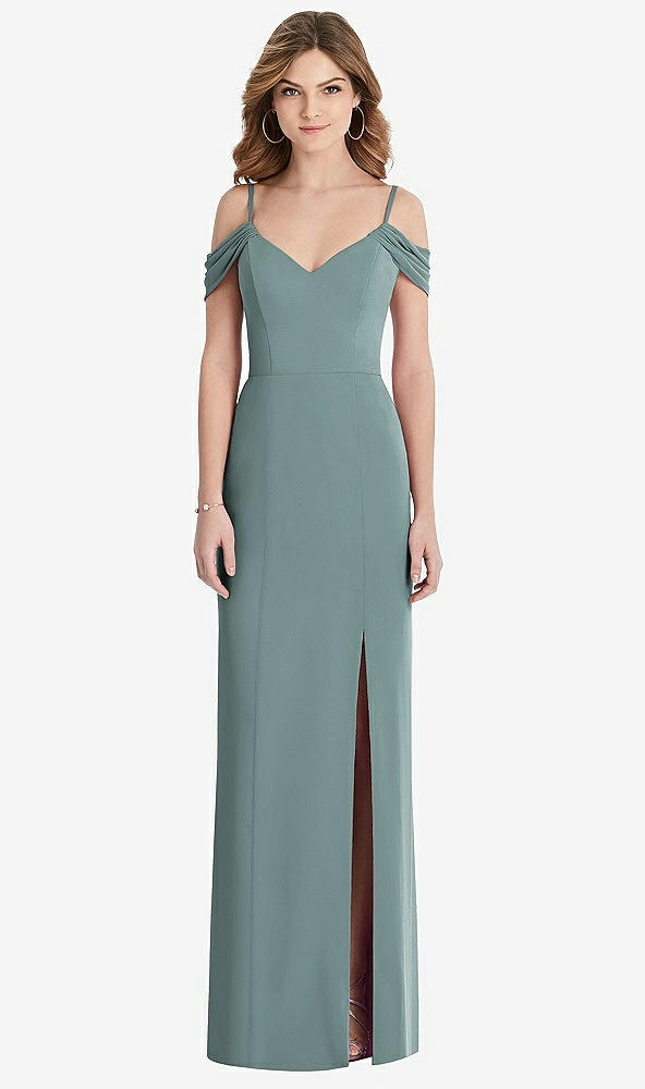 【STYLE: 1517】Off-the-Shoulder Chiffon Trumpet Gown with Front Slit【COLOR: Icelandic】