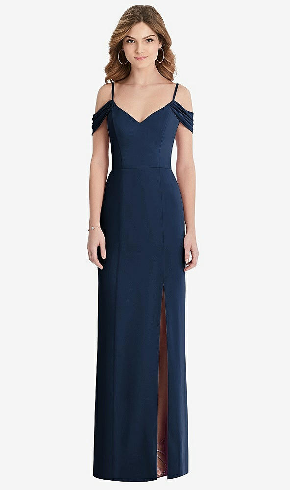 【STYLE: 1517】Off-the-Shoulder Chiffon Trumpet Gown with Front Slit【COLOR: Midnight Navy】