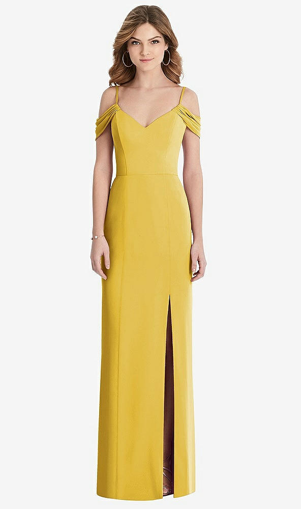 【STYLE: 1517】Off-the-Shoulder Chiffon Trumpet Gown with Front Slit【COLOR: Marigold】