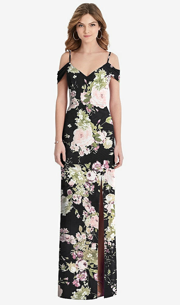【STYLE: 1517】Off-the-Shoulder Chiffon Trumpet Gown with Front Slit【COLOR: Noir Garden】