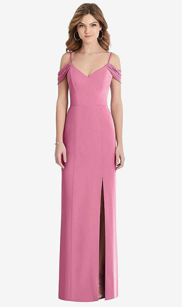 【STYLE: 1517】Off-the-Shoulder Chiffon Trumpet Gown with Front Slit【COLOR: Orchid Pink】