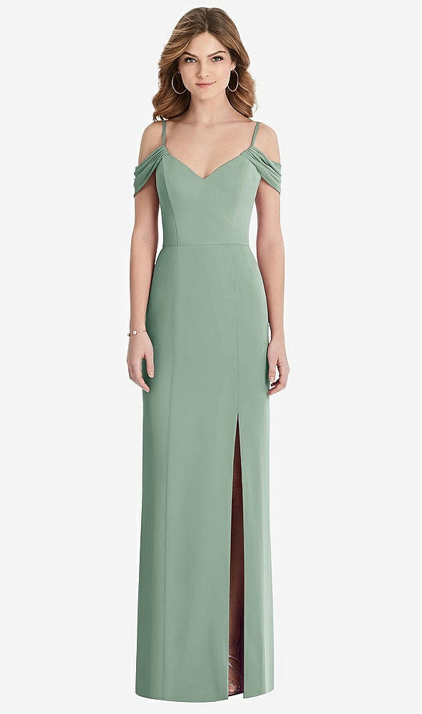 【STYLE: 1517】Off-the-Shoulder Chiffon Trumpet Gown with Front Slit【COLOR: Seagrass】