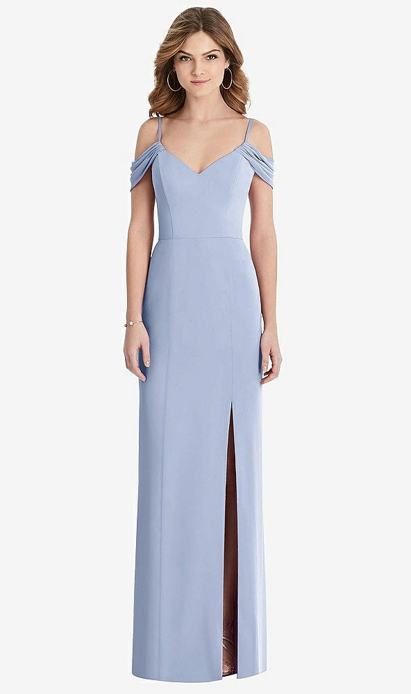 【STYLE: 1517】Off-the-Shoulder Chiffon Trumpet Gown with Front Slit【COLOR: Sky Blue】