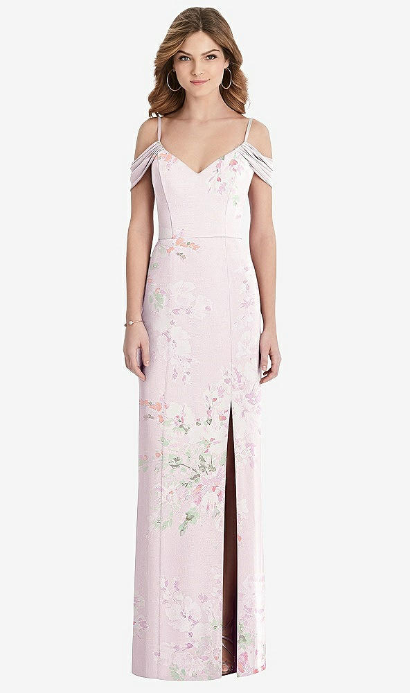 【STYLE: 1517】Off-the-Shoulder Chiffon Trumpet Gown with Front Slit【COLOR: Watercolor Print】