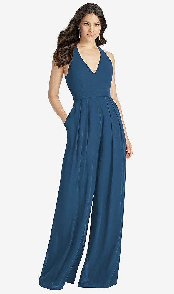 【STYLE: 3046】V-Neck Backless Pleated Front Jumpsuit【COLOR: Dusk Blue】