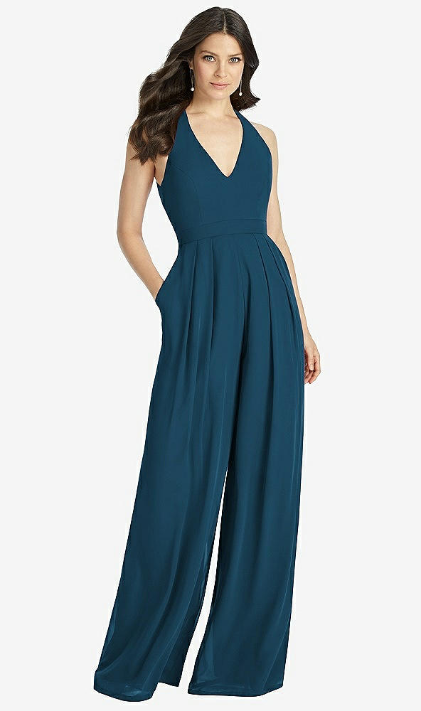 【STYLE: 3046】V-Neck Backless Pleated Front Jumpsuit【COLOR: Atlantic Blue】