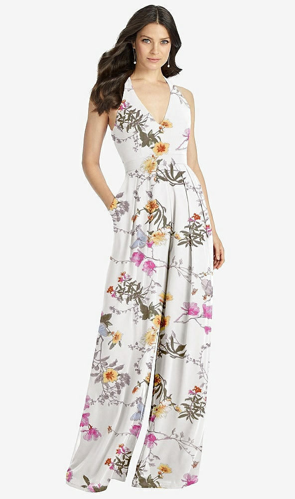 【STYLE: 3046】V-Neck Backless Pleated Front Jumpsuit【COLOR: Butterfly Botanica Ivory】