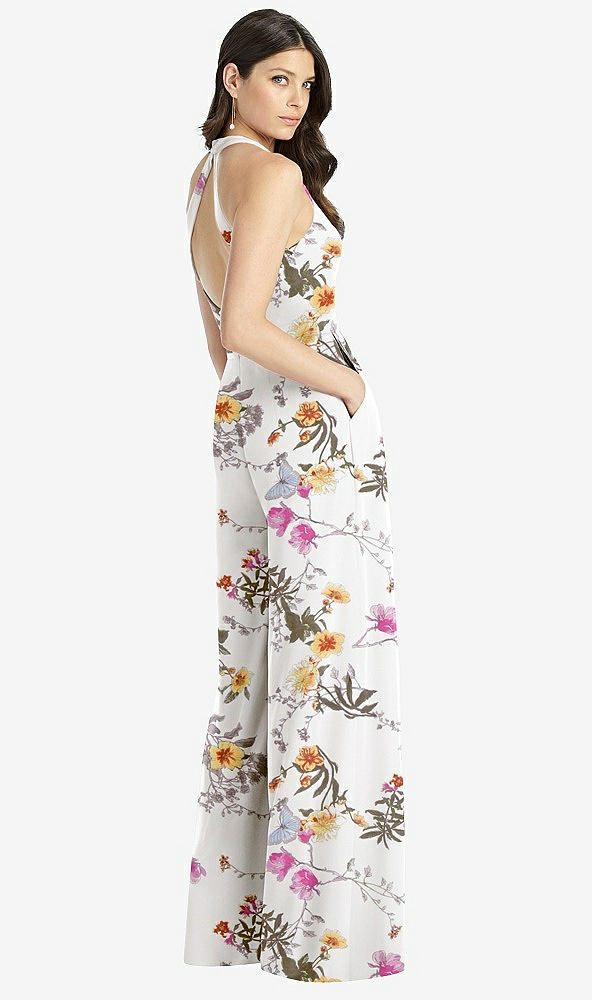 【STYLE: 3046】V-Neck Backless Pleated Front Jumpsuit【COLOR: Butterfly Botanica Ivory】
