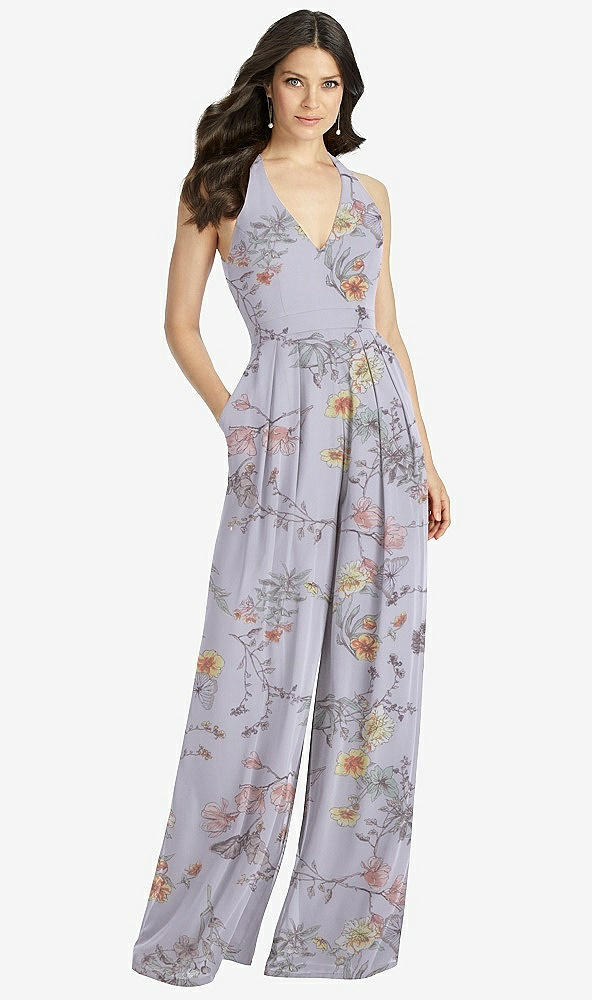 【STYLE: 3046】V-Neck Backless Pleated Front Jumpsuit【COLOR: Butterfly Botanica Silver Dove】