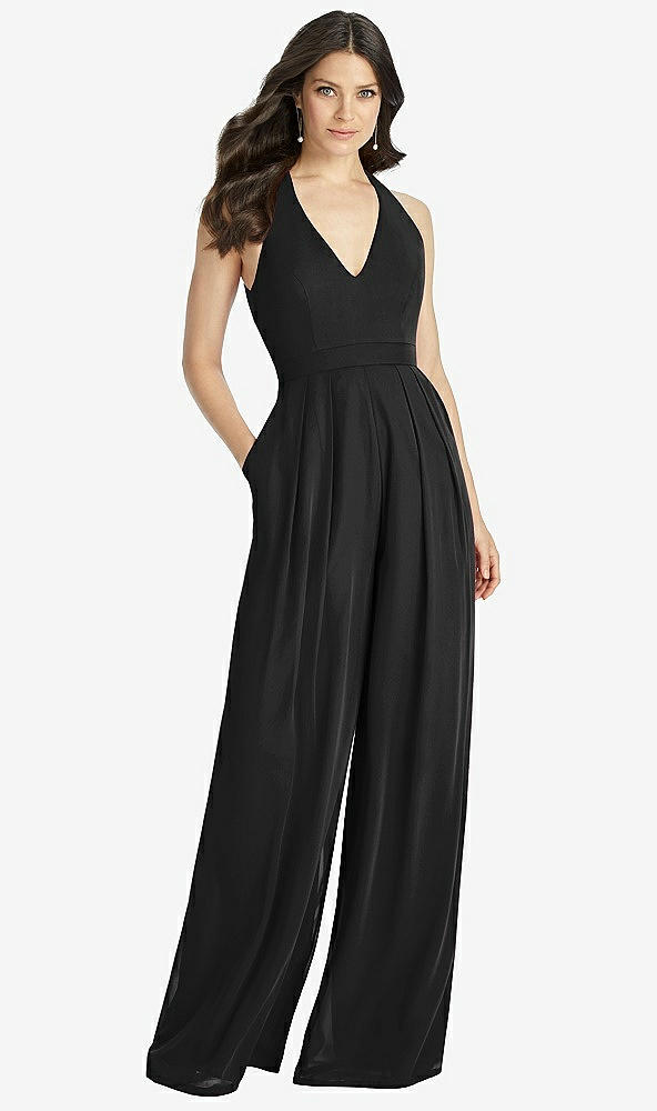 【STYLE: 3046】V-Neck Backless Pleated Front Jumpsuit【COLOR: Black】