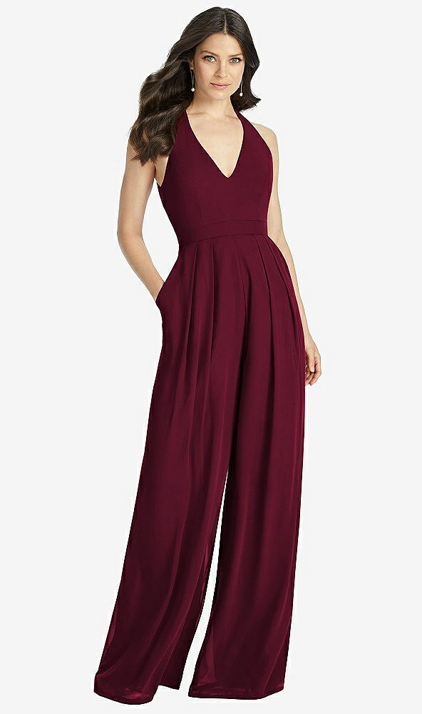 【NEW】【STYLE: 3046】Vネック バックレス プリーツ フロント ジャンプスーツ【COLOR: Cabernet】【SIZE: 00-30W】