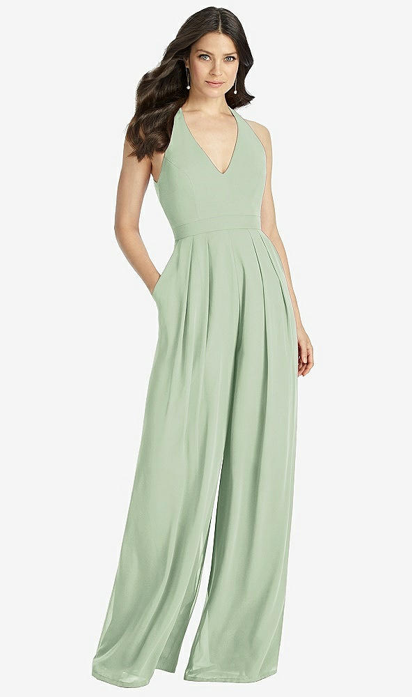 【STYLE: 3046】V-Neck Backless Pleated Front Jumpsuit【COLOR: Celadon】
