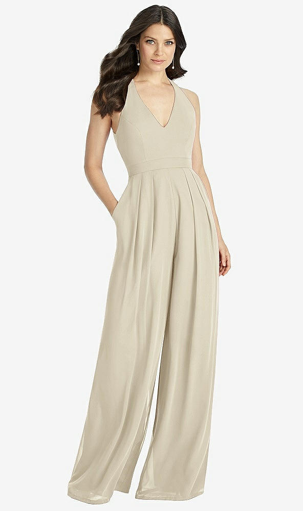 【STYLE: 3046】V-Neck Backless Pleated Front Jumpsuit【COLOR: Champagne】
