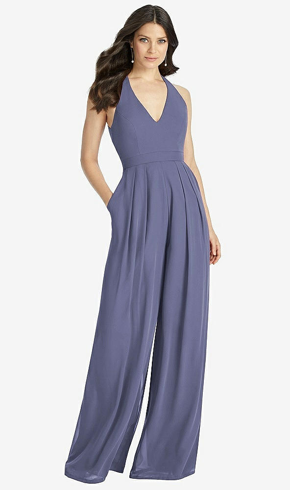 【STYLE: 3046】V-Neck Backless Pleated Front Jumpsuit【COLOR: French Blue】