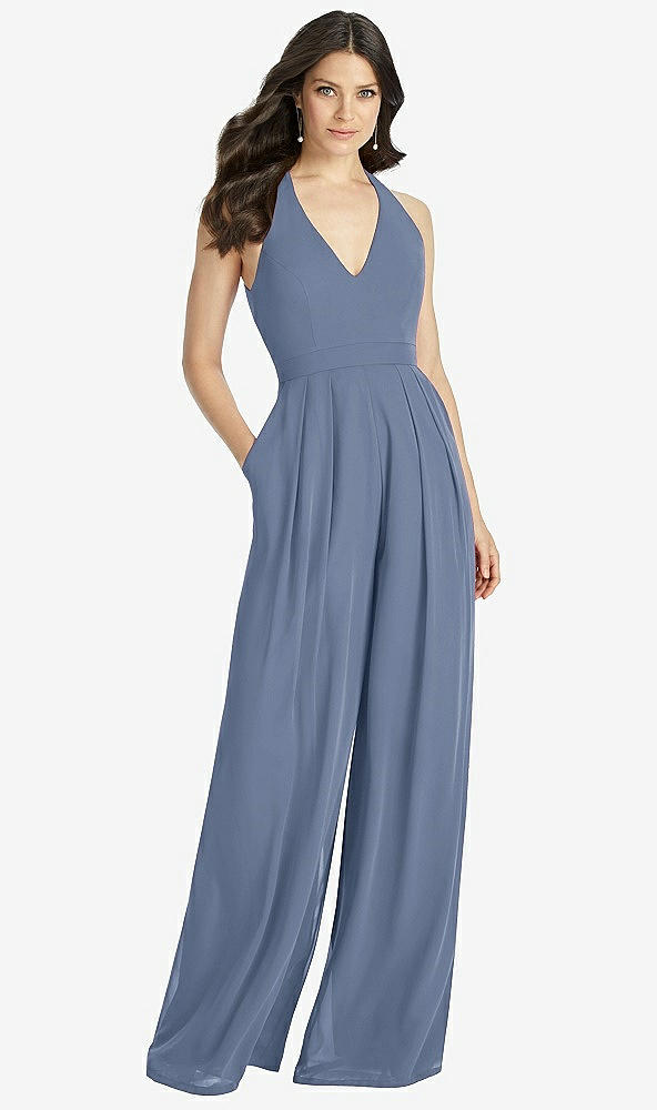 【STYLE: 3046】V-Neck Backless Pleated Front Jumpsuit【COLOR: Larkspur Blue】