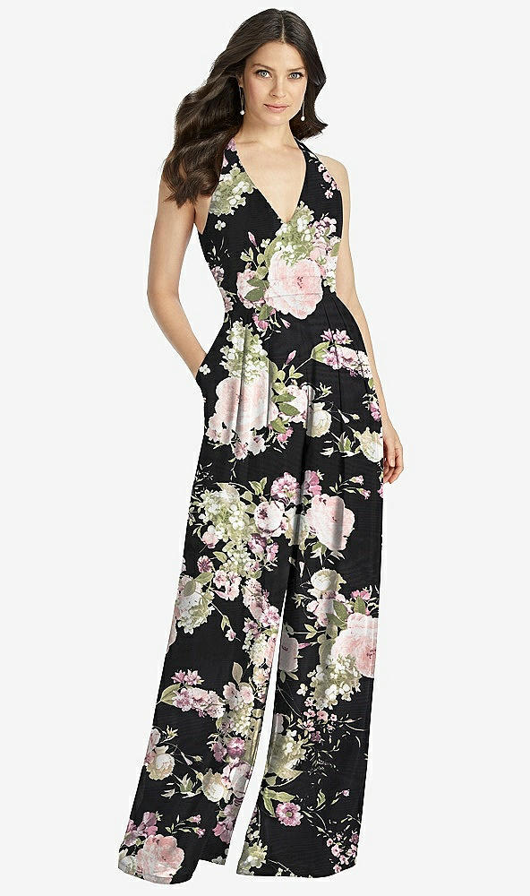 【STYLE: 3046】V-Neck Backless Pleated Front Jumpsuit【COLOR: Noir Garden】