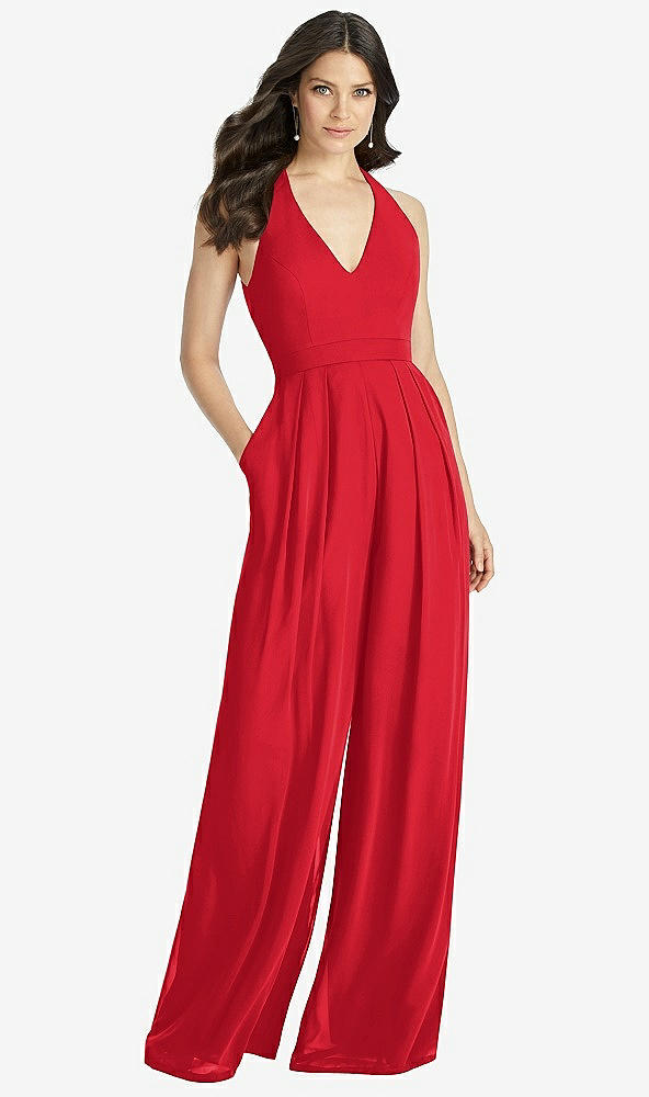 【NEW】【STYLE: 3046】Vネック バックレス プリーツ フロント ジャンプスーツ【COLOR: Parisian Red】【SIZE: 00-30W】