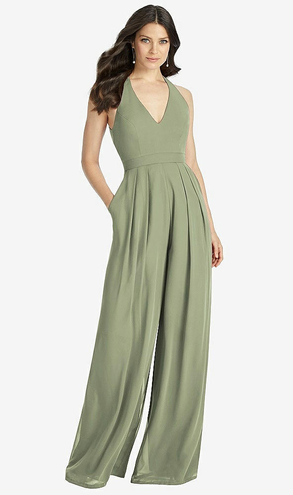 【STYLE: 3046】V-Neck Backless Pleated Front Jumpsuit【COLOR: Sage】