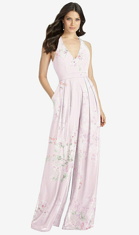 【STYLE: 3046】V-Neck Backless Pleated Front Jumpsuit【COLOR: Watercolor Print】