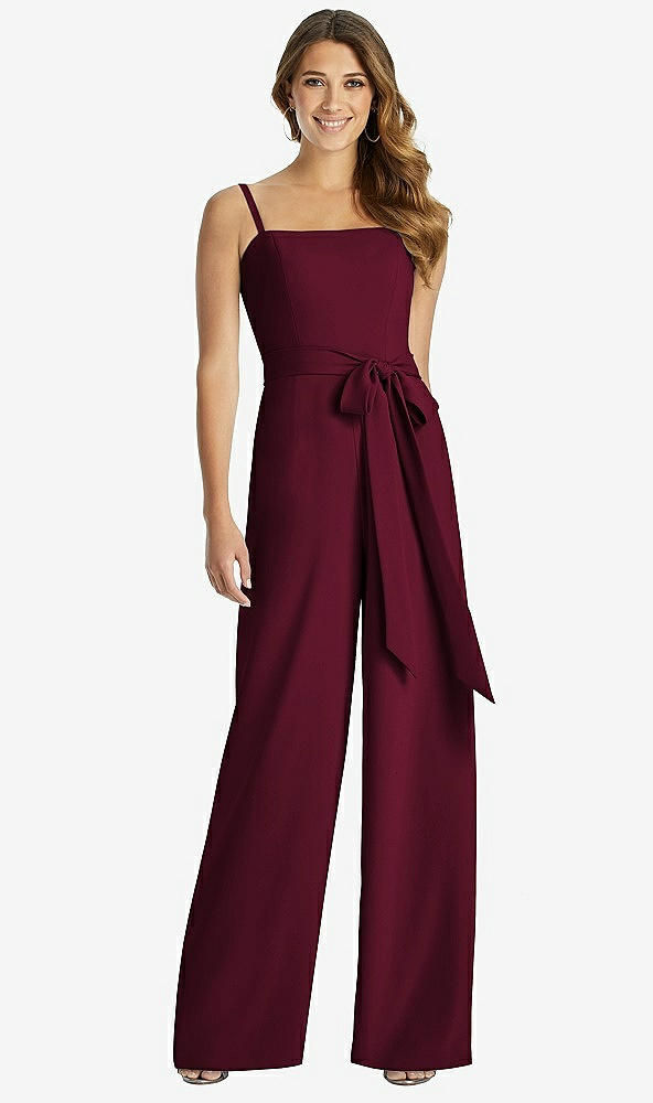 【STYLE: 3045】Spaghetti Strap Crepe Jumpsuit with Sash - Alana 【COLOR: Cabernet】
