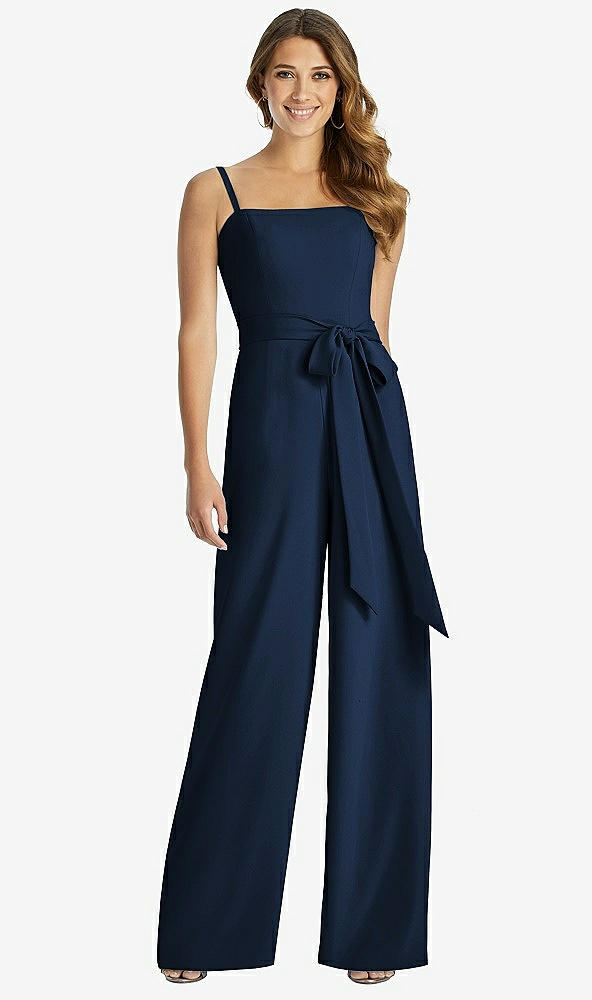 【STYLE: 3045】Spaghetti Strap Crepe Jumpsuit with Sash - Alana 【COLOR: Midnight Navy】