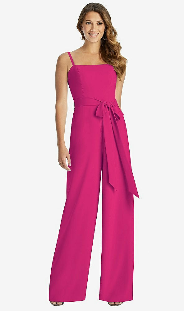 【STYLE: 3045】Spaghetti Strap Crepe Jumpsuit with Sash - Alana 【COLOR: Think Pink】