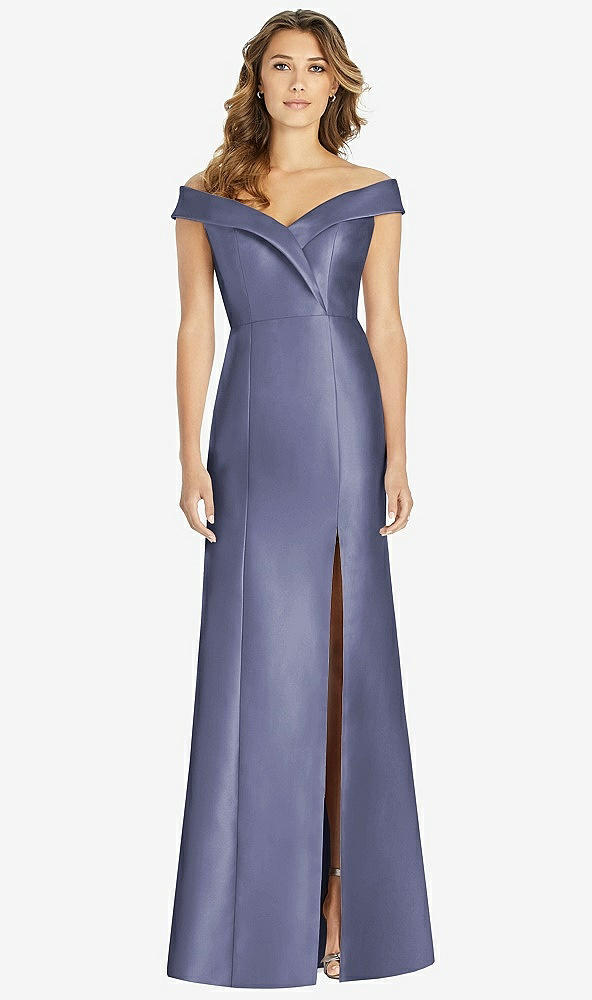 【STYLE: D760】Off-the-Shoulder Cuff Trumpet Gown with Front Slit【COLOR: French Blue】
