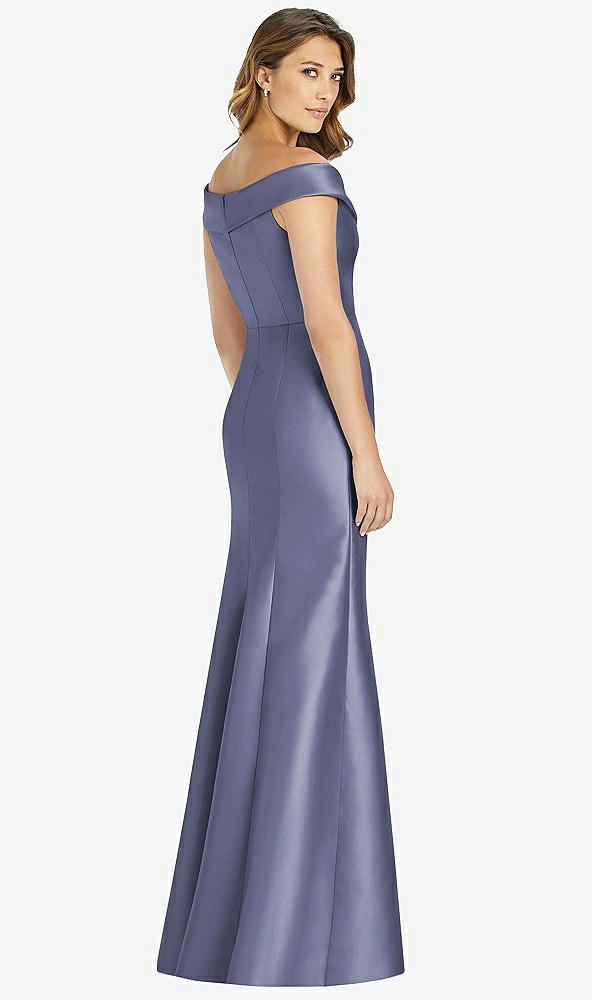 【STYLE: D760】Off-the-Shoulder Cuff Trumpet Gown with Front Slit【COLOR: French Blue】