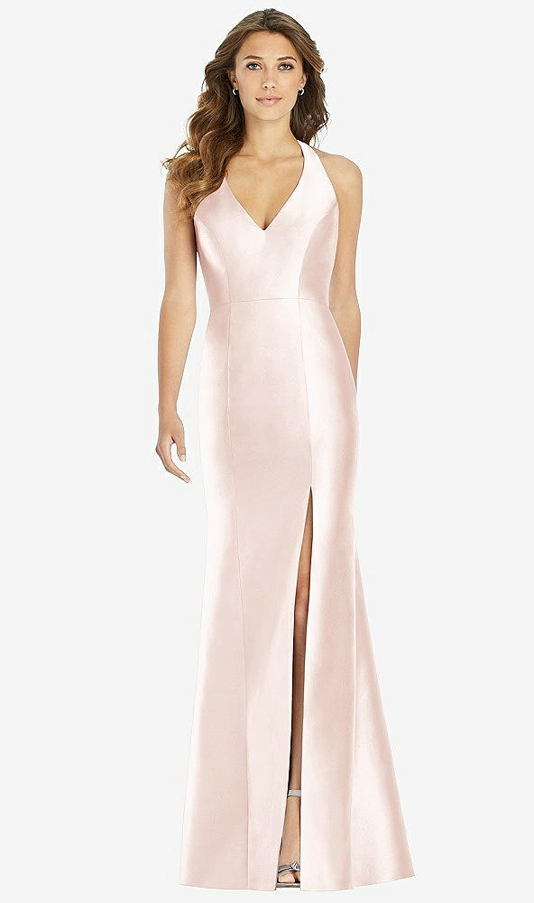 【STYLE: D761】V-Neck Halter Satin Trumpet Gown【COLOR: Blush】