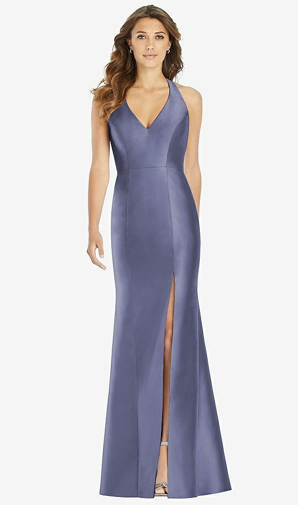 【STYLE: D761】V-Neck Halter Satin Trumpet Gown【COLOR: French Blue】