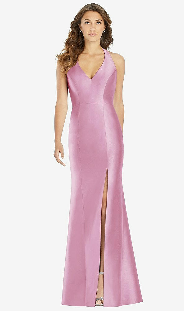 【STYLE: D761】V-Neck Halter Satin Trumpet Gown【COLOR: Powder Pink】