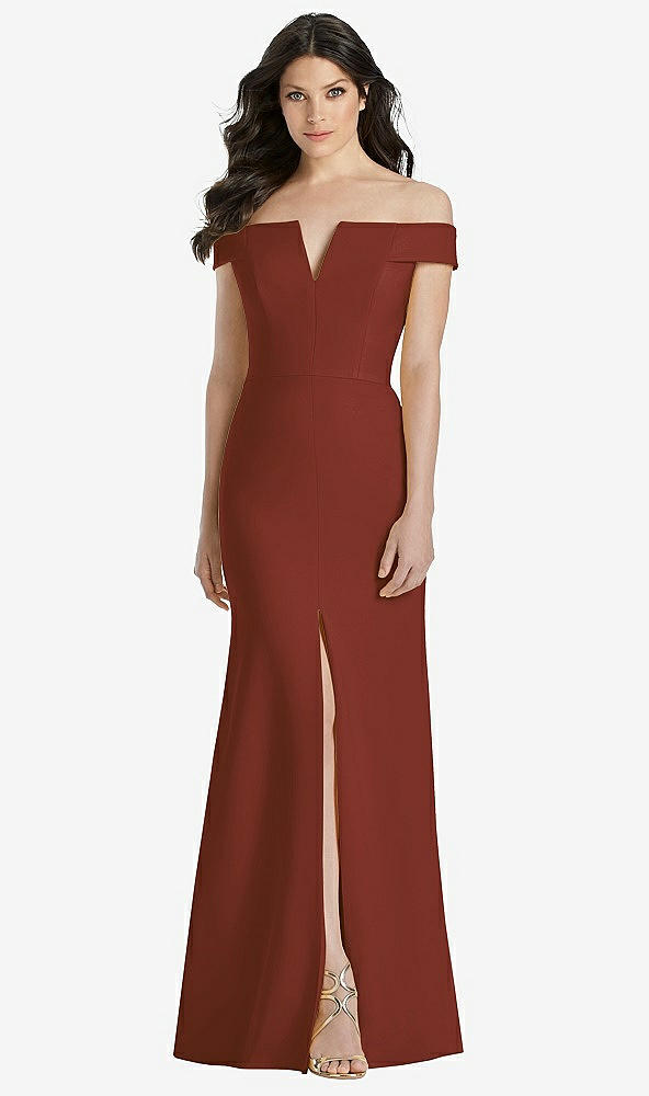 【STYLE: 3038】Off-the-Shoulder Notch Trumpet Gown with Front Slit【COLOR: Auburn Moon】