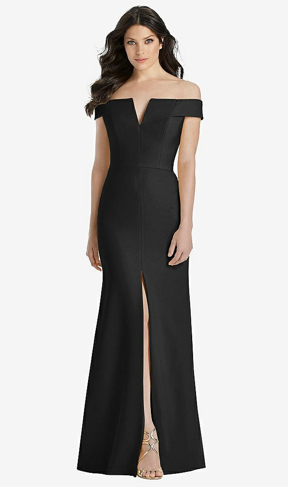 【STYLE: 3038】Off-the-Shoulder Notch Trumpet Gown with Front Slit【COLOR: Black】