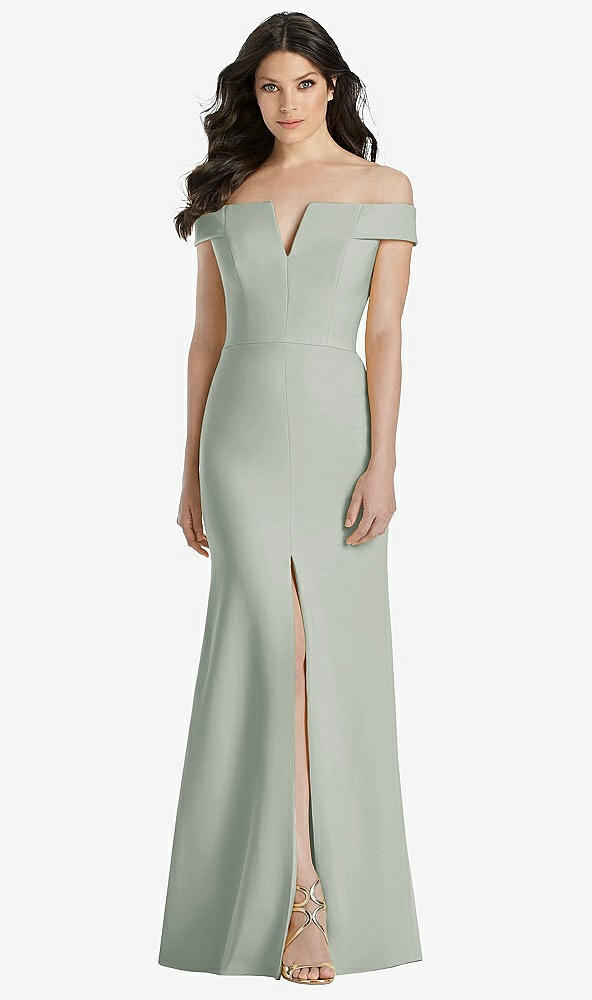 【NEW】【STYLE: 3038】オフショルダー ノッチ トランペット ガウン 前面 スリット【COLOR: Willow Green】【SIZE: 00-30W】