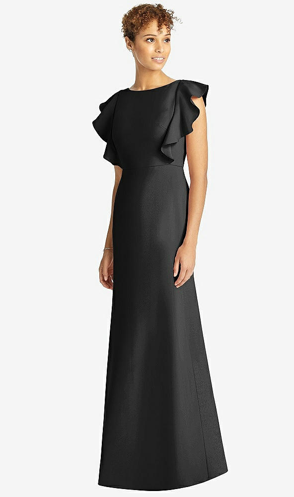 【STYLE: 4539】Ruffle Cap Sleeve Open-back Trumpet Gown【COLOR: Black】