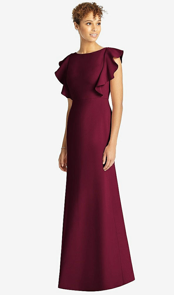 【STYLE: 4539】Ruffle Cap Sleeve Open-back Trumpet Gown【COLOR: Cabernet】