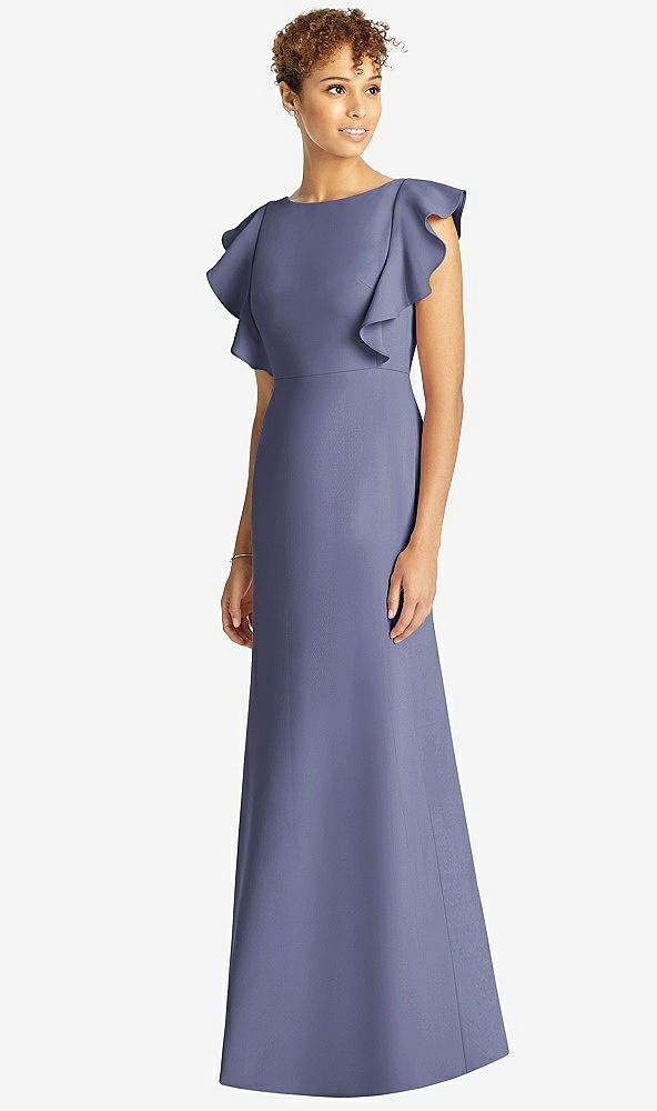 【STYLE: 4539】Ruffle Cap Sleeve Open-back Trumpet Gown【COLOR: French Blue】