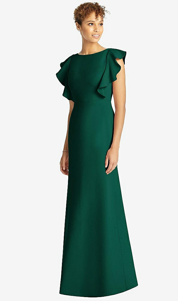 【STYLE: 4539】Ruffle Cap Sleeve Open-back Trumpet Gown【COLOR: Hunter Green】