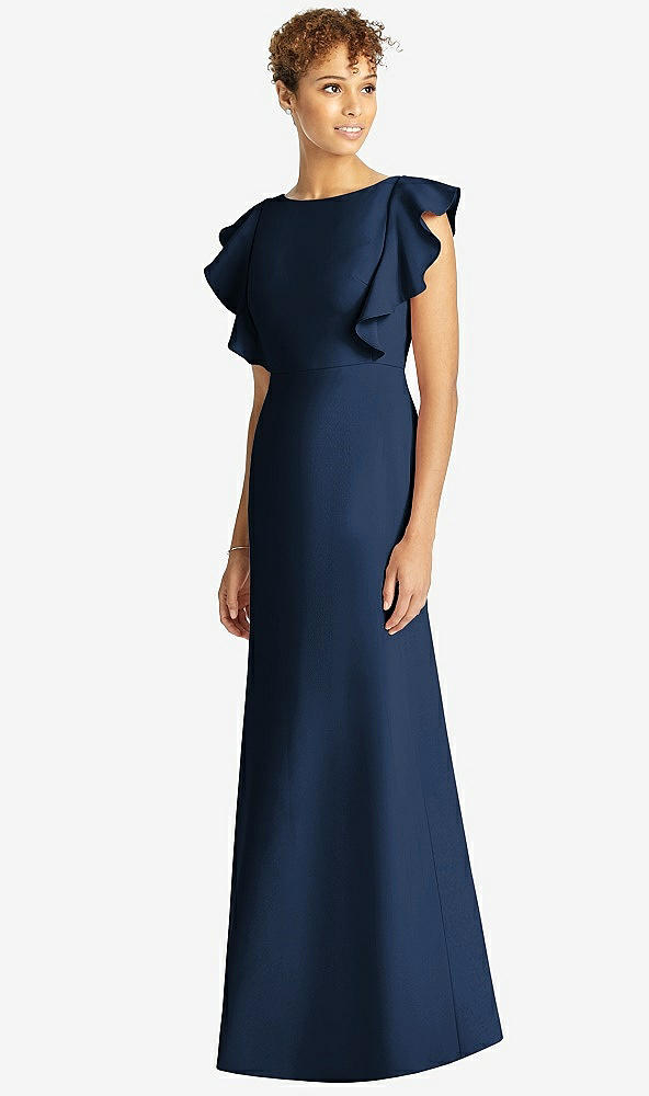 【STYLE: 4539】Ruffle Cap Sleeve Open-back Trumpet Gown【COLOR: Midnight Navy】