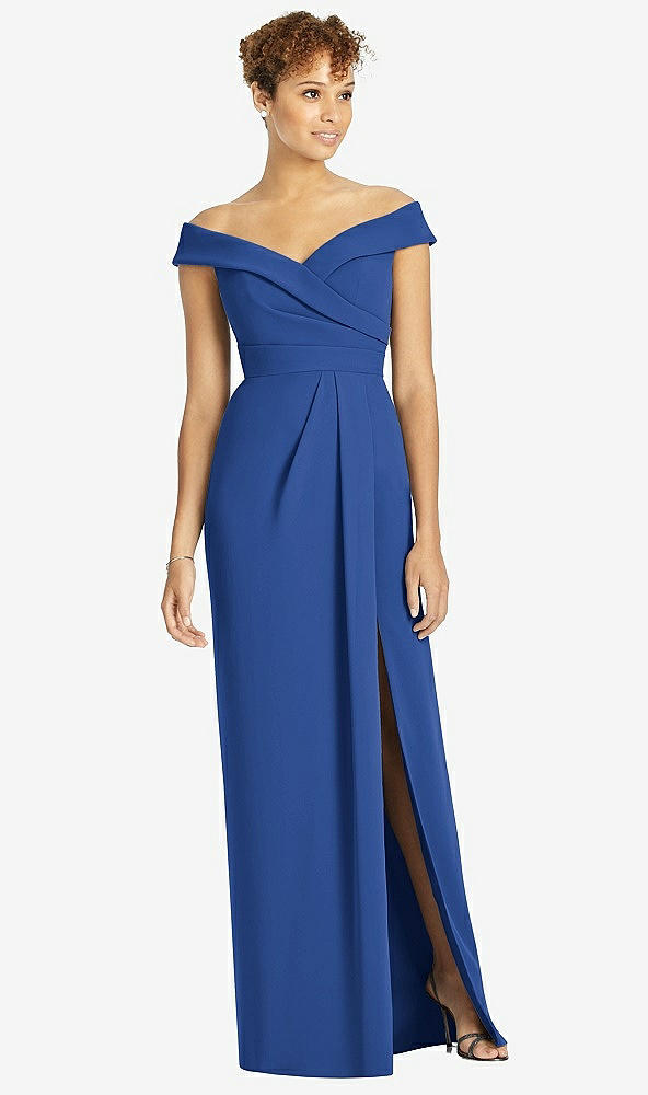 【STYLE: 4540】Cuffed Off-the-Shoulder Faux Wrap Maxi Dress with Front Slit【COLOR: Classic Blue】