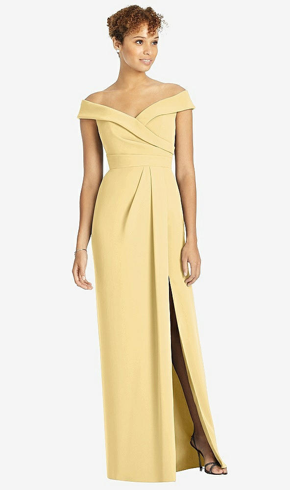 【STYLE: 4540】Cuffed Off-the-Shoulder Faux Wrap Maxi Dress with Front Slit【COLOR: Buttercup】