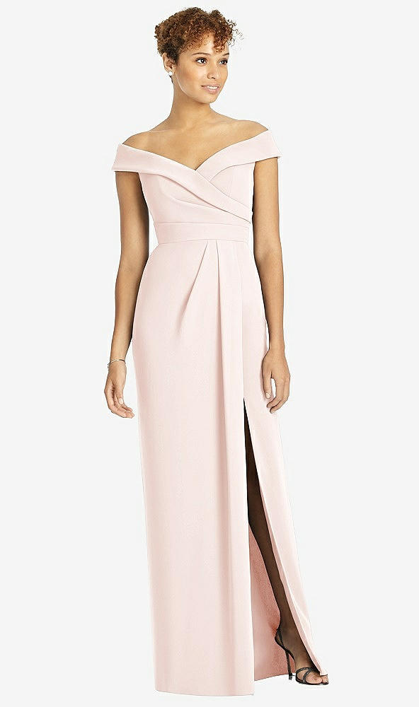 【STYLE: 4540】Cuffed Off-the-Shoulder Faux Wrap Maxi Dress with Front Slit【COLOR: Blush】