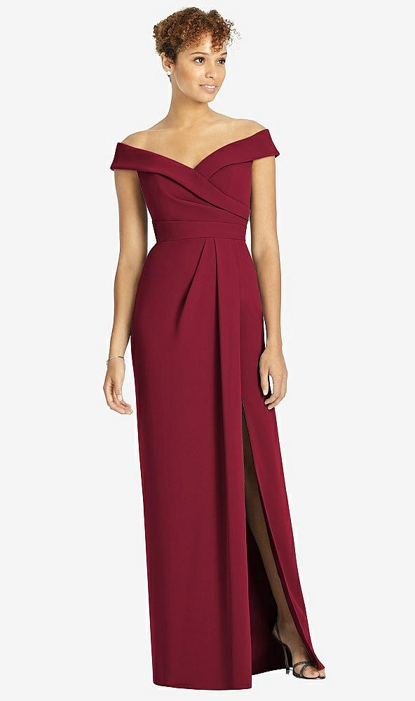 【STYLE: 4540】Cuffed Off-the-Shoulder Faux Wrap Maxi Dress with Front Slit【COLOR: Burgundy】