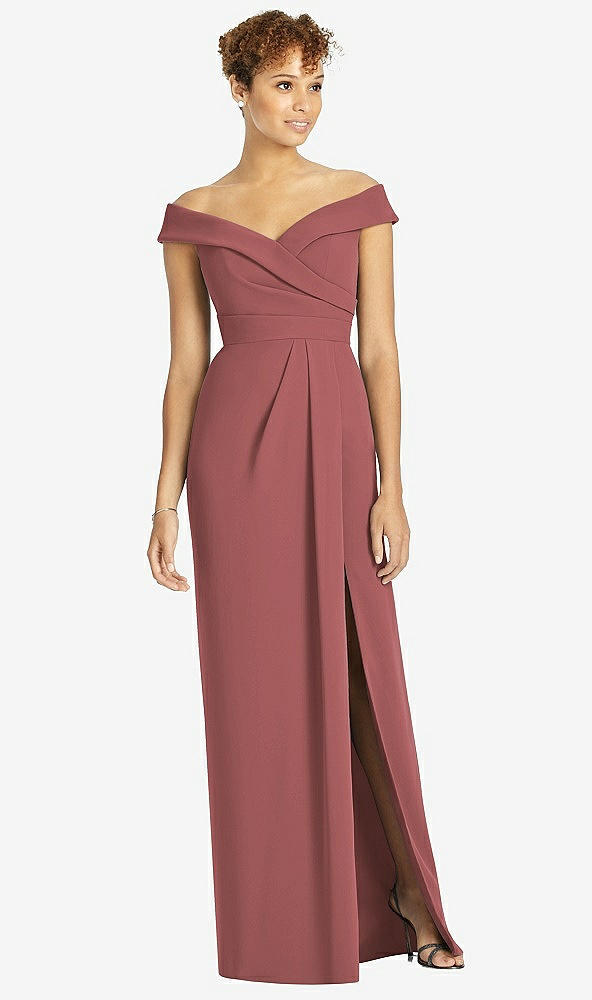 【STYLE: 4540】Cuffed Off-the-Shoulder Faux Wrap Maxi Dress with Front Slit【COLOR: English Rose】