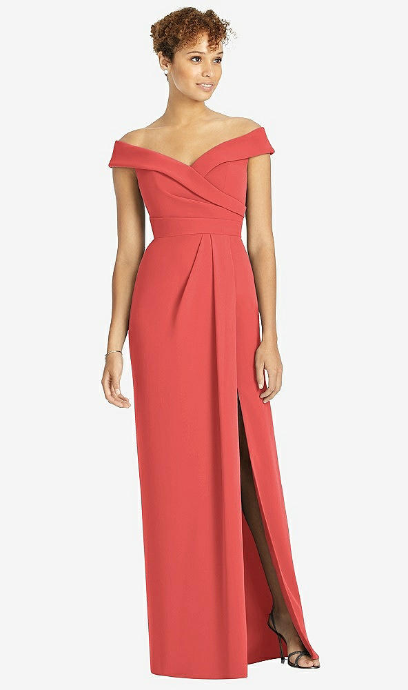 【STYLE: 4540】Cuffed Off-the-Shoulder Faux Wrap Maxi Dress with Front Slit【COLOR: Perfect Coral】