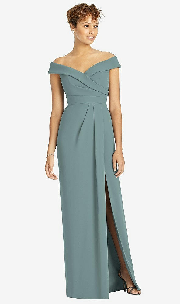 【STYLE: 4540】Cuffed Off-the-Shoulder Faux Wrap Maxi Dress with Front Slit【COLOR: Icelandic】